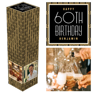 Art Deco Custom Age Photo Birthday Black Gold Gift Wine Box