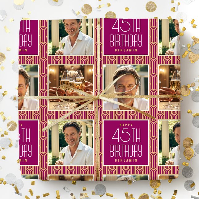 Art Deco Custom Age Photo Birthday Pink Gold Chic Wrapping Paper (Creator Uploaded)