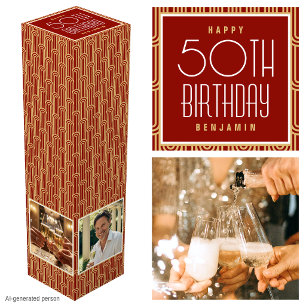 Art Deco Custom Age Photo Birthday Red Gold Gift Wine Box