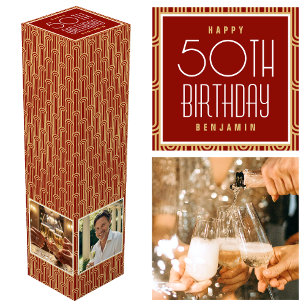 Art Deco Custom Age Photo Birthday Red Gold Gift Wine Box
