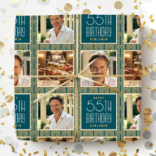 Art Deco Custom Age Photo Birthday Teal Gold Chic Wrapping Paper