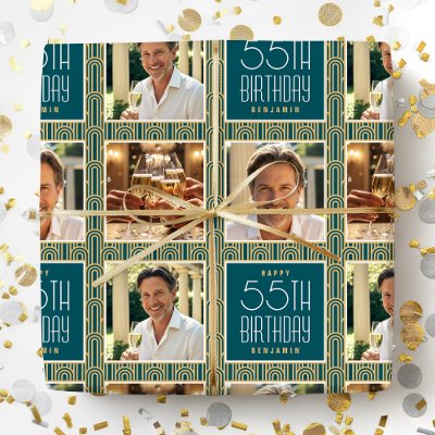 Art Deco Custom Age Photo Birthday Teal Gold Chic Wrapping Paper