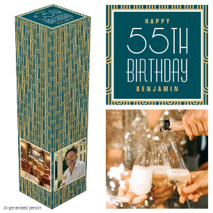 Art Deco Custom Age Photo Birthday Teal Gold Gift Wine Box