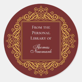 Art Deco Custom Dark Red and Gold Round Bookplate