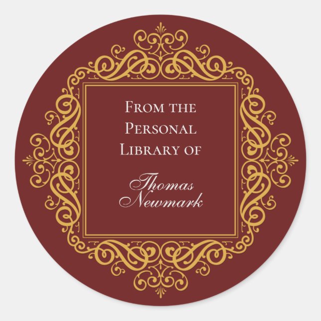 Art Deco Custom Dark Red and Gold Round Bookplate (Front)