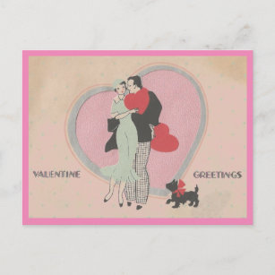 Art Deco Cute Couple & Dog Vintage Valentine Postcard