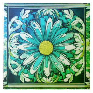 Art Deco Daisy Flower Art Nouveau Aqua Blue Green Ceramic Tile