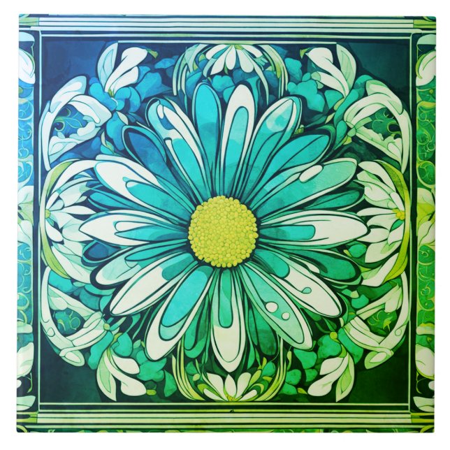 Art Deco Daisy Flower Art Nouveau Aqua Blue Green Ceramic Tile (Front)