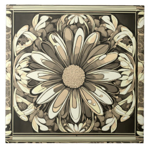 Art Deco Daisy Flower Art Nouveau Beige & Grey Ceramic Tile