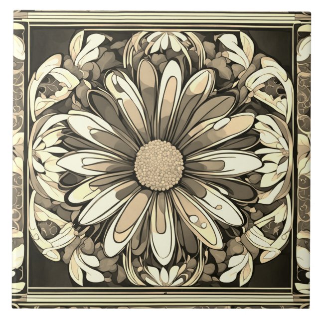 Art Deco Daisy Flower Art Nouveau Beige & Grey Ceramic Tile (Front)