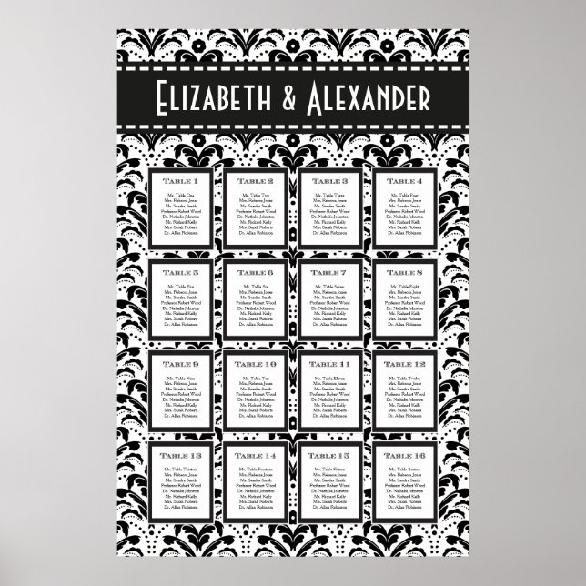 Art Deco Damask Wedding 16 Table Seating Chart (Front)