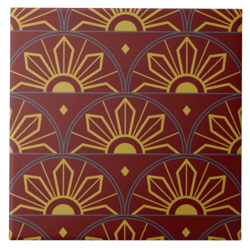 Art Deco Dark Red and Gold Sunflower Abstract Ceramic Tile