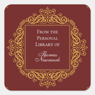 Art Deco Dark Red Gold Filigree Square Bookplate