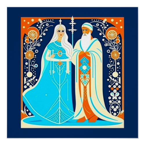 Art Deco Ded Moroz and Snow Maiden Poster