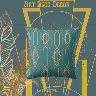 Art Deco Deep Blue/Green with Gold  Throw Pillow