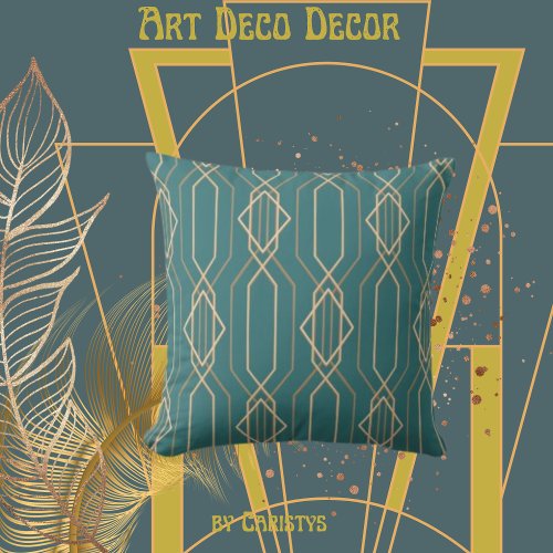 Art Deco Deep BlueGreen with Gold  Throw Pillow