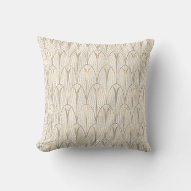 Art Deco Delicate Net Tribal Geometry Ivory Gold Throw Pillow (Front)