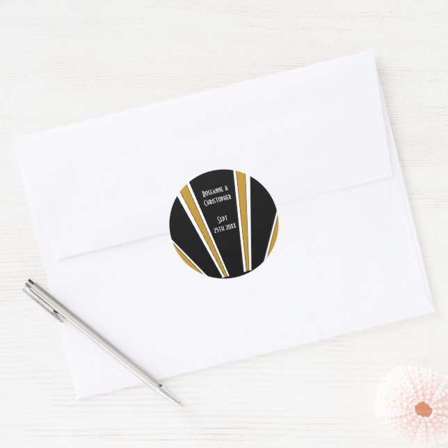 Art Deco Design Black And Gold Wedding Classic Round Sticker (Envelope)