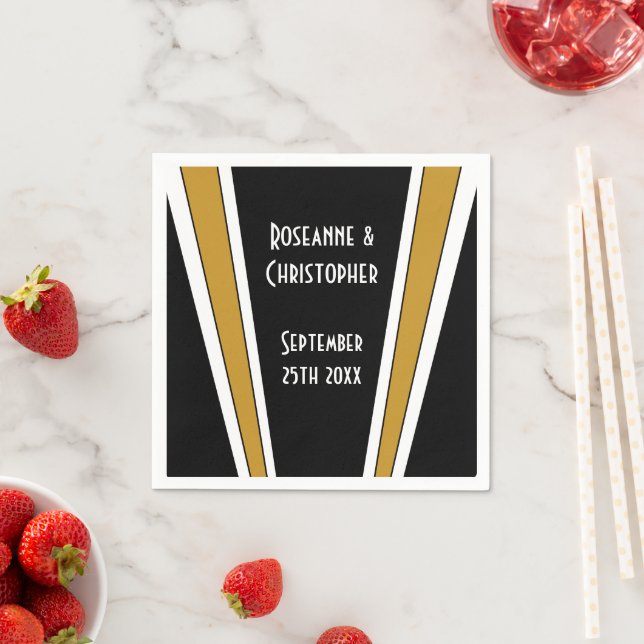 Art Deco Design Black And Gold Wedding Napkins (Insitu)