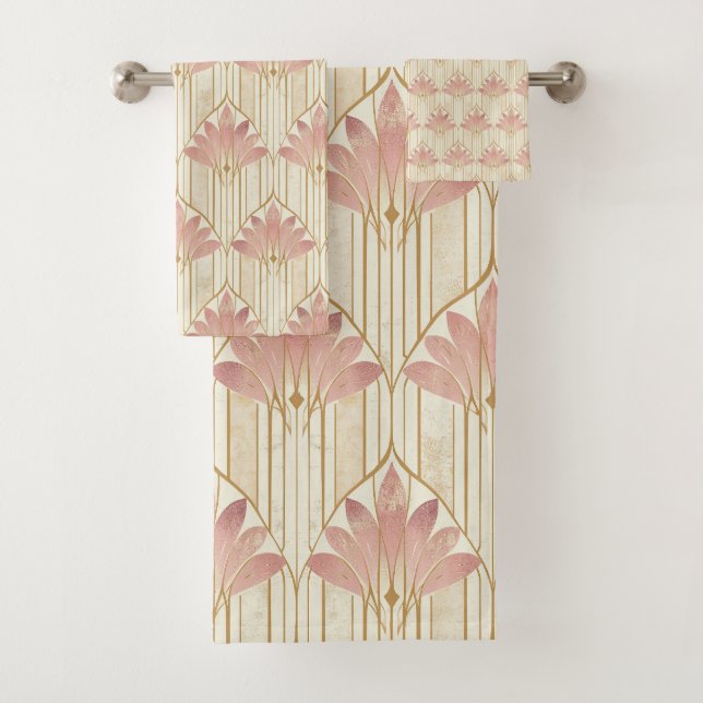 Art Deco Design in Dusty Pink and Rose Gold Bath Towel Set (Insitu)