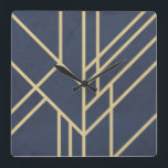 Art Deco design Square Wall Clock<br><div class="desc">Abstract geometric design in Art Deco style with golden lines decoration on grunge navy blue background</div>