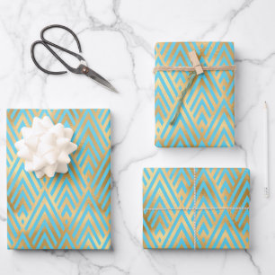 Art Deco Design, Teal & Gold Pattern Wrapping Paper Sheets