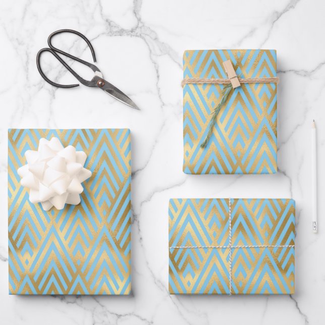 Art Deco Design, Teal & Gold Pattern Wrapping Paper Sheets (Front)
