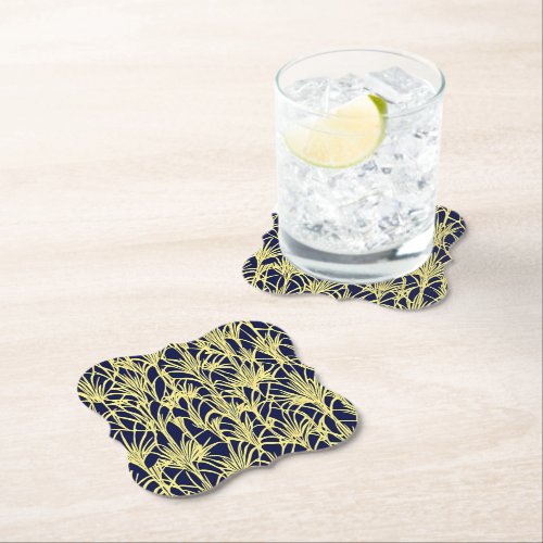 Art Deco Design with Fronds in Blue and Gold Paper Coaster