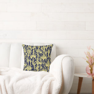 Art Deco Design with Fronds in Blue and Gold Throw Pillow