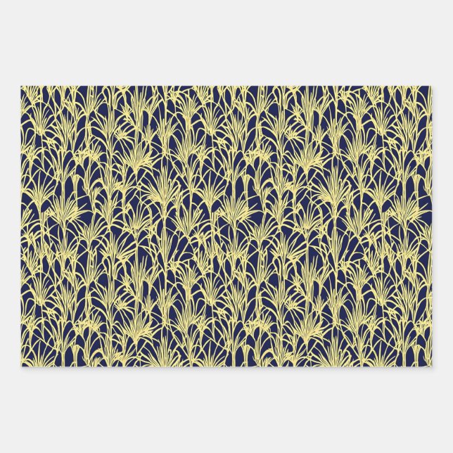 Art Deco Design with Fronds in Blue and Gold Wrapping Paper Sheets (Front)