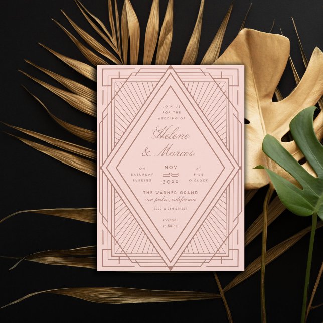 Art Deco Diamond Blush Pink Rose Gold Wedding Invitation (Creator Uploaded)