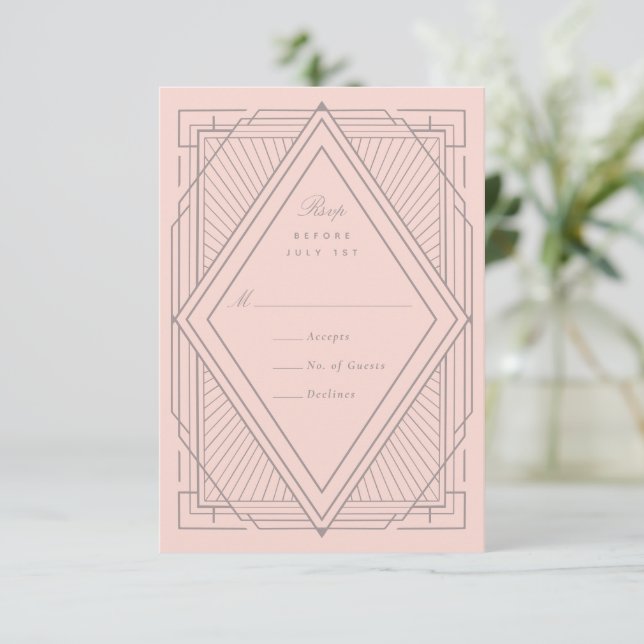 Art Deco Diamond Blush Pink Wedding RSVP Card (Standing Front)