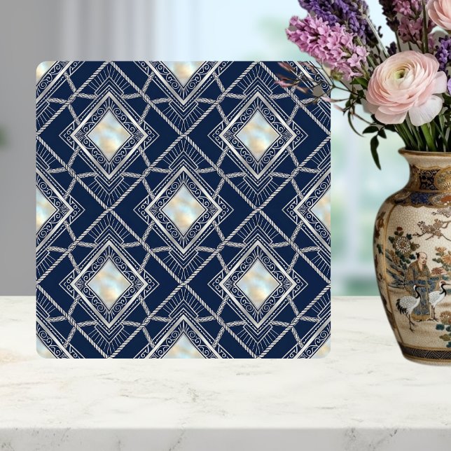 Art Deco Diamond Geometric Silver Navy Inlay Ceramic Tile (Creator Uploaded)