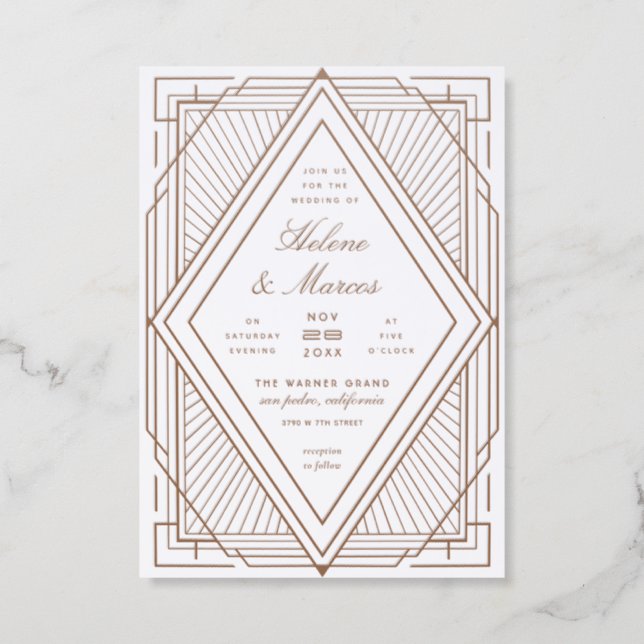 Art Deco Diamond Gold Wedding Letterpress Photo Cards (Front)