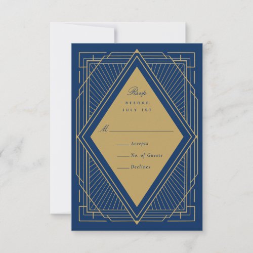 Art Deco Diamond Navy Blue and Gold RSVP Card