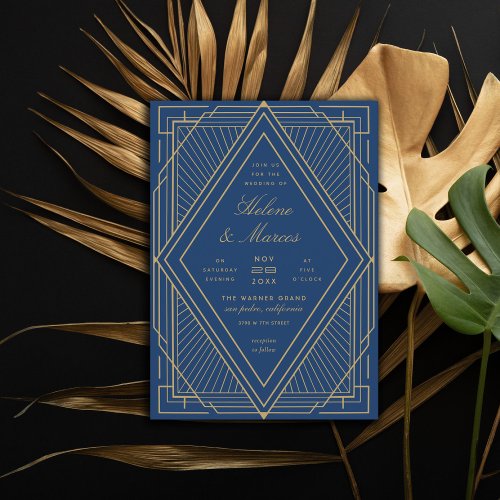 Art Deco Diamond Navy Blue and Gold Wedding Invitation