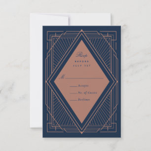 Art Deco Diamond Navy Blue and Rose Gold RSVP Card