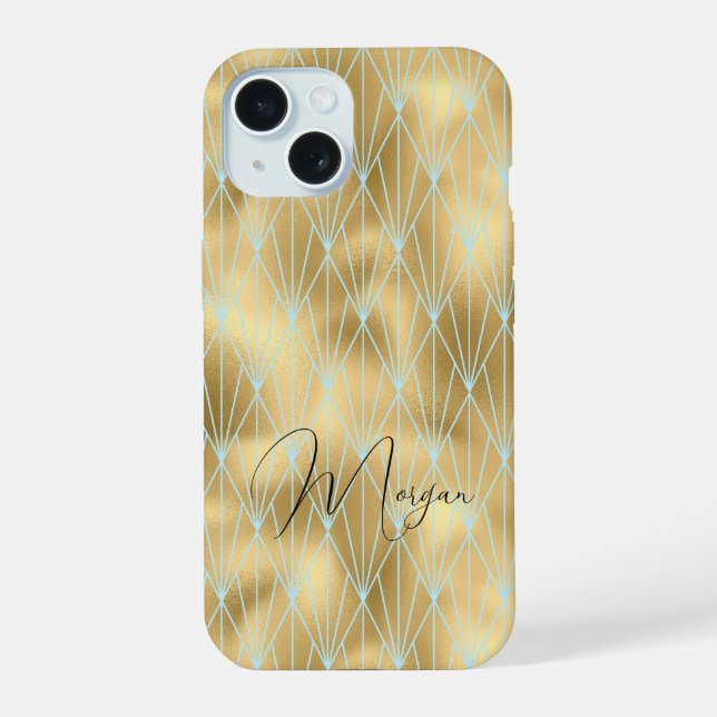 Art Deco Diamond Pattern, Gold & Teal, Script Name Iphone Case (Back)