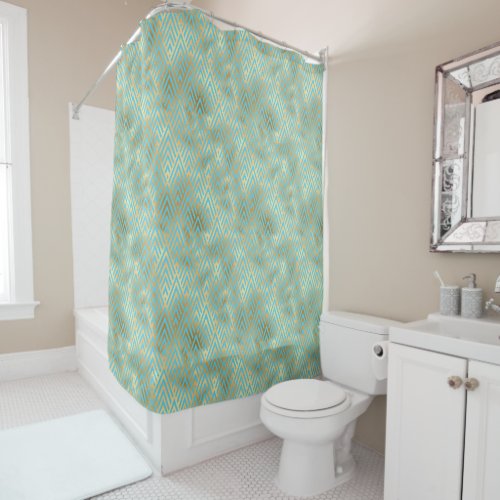 Art Deco Diamond Pattern Gold  Teal Shower Curtain