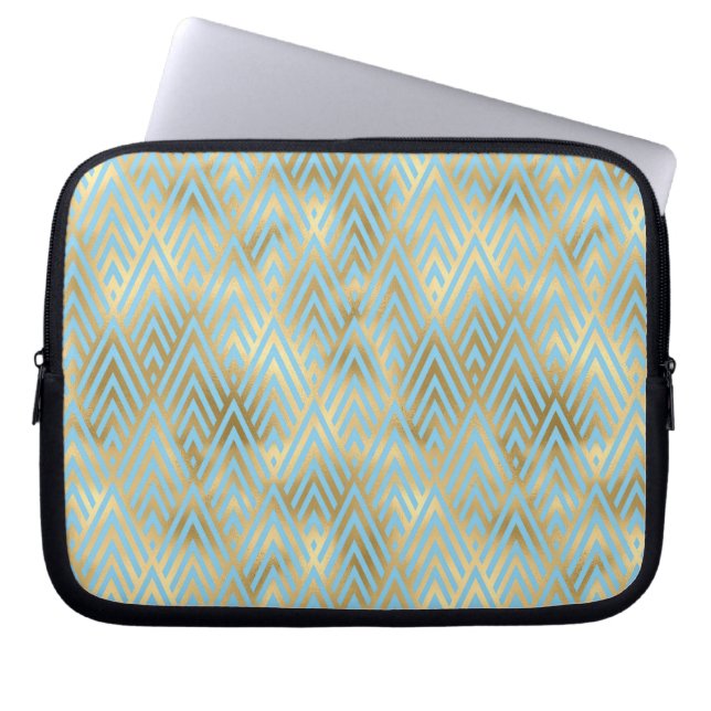 Art Deco Diamond Pattern, Teal & Gold Laptop Sleeve (Front)