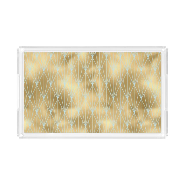 Art Deco Diamond Shapes, Teal & Gold Pattern Acrylic Tray (Front)