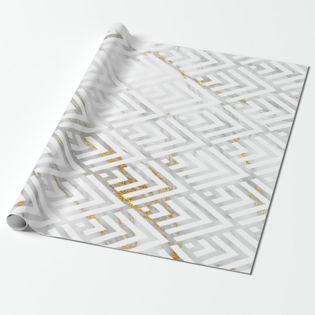Art Deco Diamond Triangles Gray Gold White Marble Wrapping Paper (Unrolled)