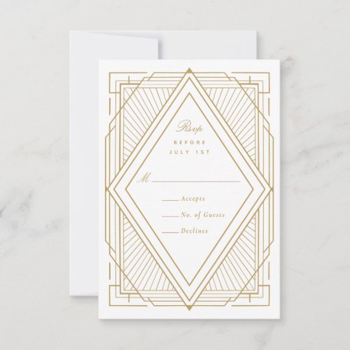 Art Deco Diamond White and Gold Wedding RSVP Card