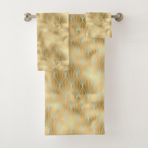 Art Deco Diamonds Pattern 2 Gold  Teal Bath Towel Set