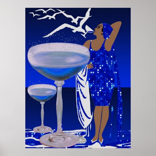 ART DECO Diva LADY Blue Champagne Poster