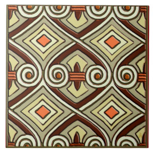 Art Deco Does Persia -Pea Green, Tangerine, Maroon Ceramic Tile