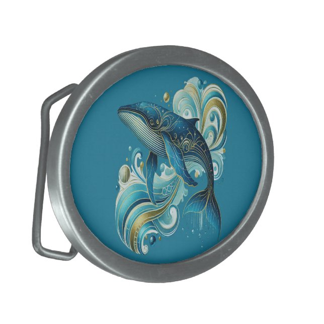 Art Deco dolphin illustration on deep-blue  Belt Buckle (Front Left)