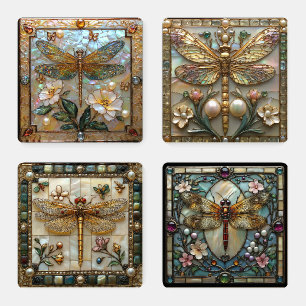 Art Deco Dragonfly Mother of Pearl Rubies Emeralds Coaster Set