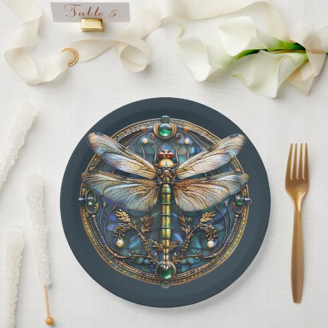  Art Deco Dragonfly Pearls Emeralds Gold  Paper Plates (Wedding)