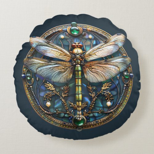  Art Deco Dragonfly Pearls EmeraldsGold Turquoise  Round Pillow